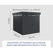 Abmessungen eines Gerätehauses mit Flachdach und Lichtband.