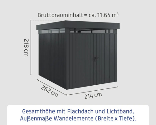 Abmessungen eines Gerätehauses mit Flachdach und Lichtband.