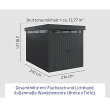 Abmessungen eines Geräteschuppens mit Flachdach und Lichtband