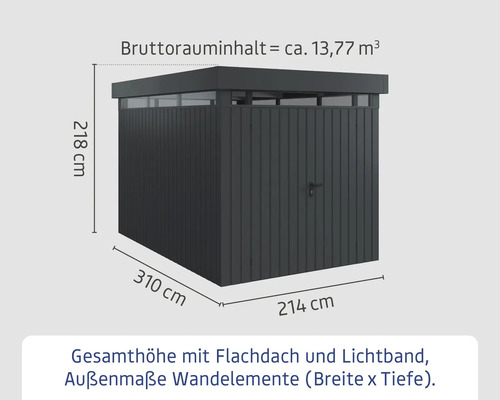Abmessungen eines Geräteschuppens mit Flachdach und Lichtband