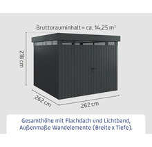Geräteschuppen mit Flachdach und Lichtband, Außenmaße der Wandelemente 262 x 262 Zentimeter, Gesamthöhe 218 Zentimeter, Bruttorauminhalt circa 14,25 Kubikmeter