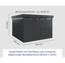 Abmessungen eines Gerätehauses mit Flachdach und Lichtband: 218 cm Höhe, 310 cm Breite, 310 cm Tiefe, Bruttorauminhalt circa 19,95 Kubikmeter.