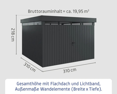 Abmessungen eines Gerätehauses mit Flachdach und Lichtband: 218 cm Höhe, 310 cm Breite, 310 cm Tiefe, Bruttorauminhalt circa 19,95 Kubikmeter.