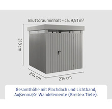 Geräteschuppen mit Flachdach und Lichtband, Abmessungen: 218 x 214 x 214 cm, Bruttorauminhalt 9,51 Kubikmeter