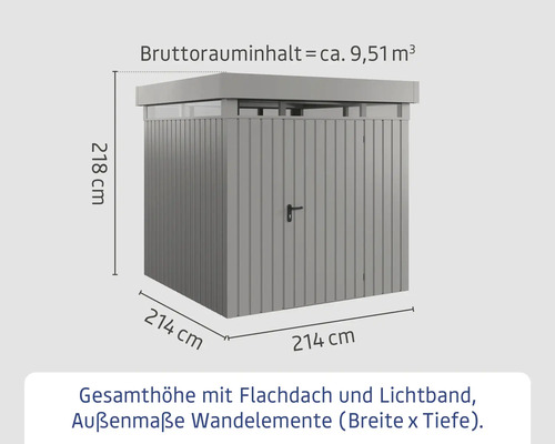 Geräteschuppen mit Flachdach und Lichtband, Abmessungen: 218 x 214 x 214 cm, Bruttorauminhalt 9,51 Kubikmeter