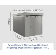 Gerätehaus mit Flachdach und Lichtband, Außenmaße 310 x 214 x 218 cm