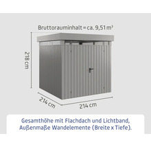 Abbildung eines Gerätehauses mit Flachdach und Maßangaben.