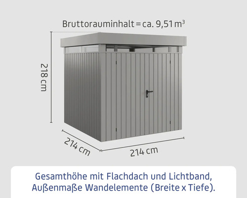 Abbildung eines Gerätehauses mit Flachdach und Maßangaben.