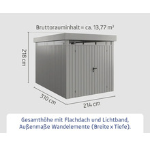 Abmessungen eines Geräteschuppens mit Flachdach und Lichtband