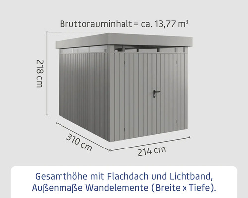 Abmessungen eines Geräteschuppens mit Flachdach und Lichtband