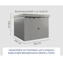 Metall Gerätehaus mit Flachdach und Lichtband, Maße 262 x 262 x 218 cm