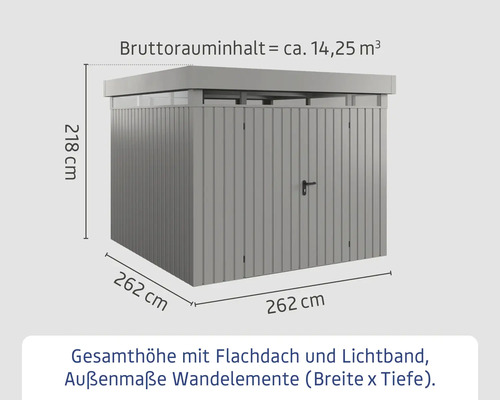 Metall Gerätehaus mit Flachdach und Lichtband, Maße 262 x 262 x 218 cm