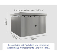 Abmessungen eines Gerätehauses mit Flachdach und Lichtband