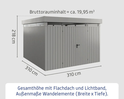 Abmessungen eines Gerätehauses mit Flachdach und Lichtband