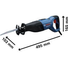 Bosch Professional Säbelsäge GSA 12-30 mit Abmessungen von 495 Millimeter Länge, 165 Millimeter Höhe und 103 Millimeter Hublänge.