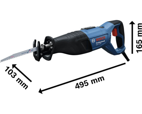 Bosch Professional Säbelsäge GSA 12-30 mit Abmessungen von 495 Millimeter Länge, 165 Millimeter Höhe und 103 Millimeter Hublänge.