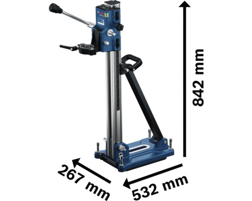 Bosch Diamantbohrständer GCR 180 Professional: 842 Millimeter Höhe, 532 Millimeter Länge und 267 Millimeter Breite.