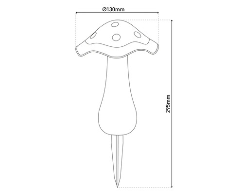 Abbildung eines Gartensteckers in Form eines Pilzes mit den Maßen 130 mm Durchmesser und 295 mm Höhe.