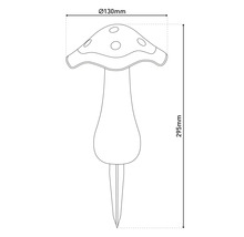 Abbildung eines Gartensteckers in Form eines Pilzes mit den Maßen 130 mm Durchmesser und 295 mm Höhe.