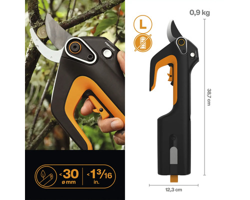 Fiskars Akku-Gartenschere zum Schneiden von Ästen bis zu einem Durchmesser von 30 Millimeter.