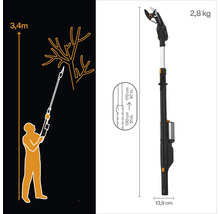 Illustration einer Astschere mit Teleskopstiel mit den Maßangaben: 3,4 Meter maximale Reichweite, 130 bis 170 Zentimeter Länge und 2,8 Kilogramm Gewicht