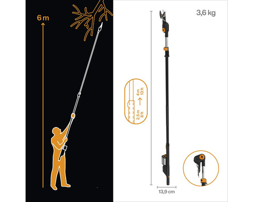Abbildung einer Teleskop-Astschere mit einer Reichweite von bis zu 6 Metern und einem Gewicht von 3,6 Kilogramm.