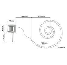 Technische Zeichnung einer Solarleuchte mit Erdspieß und Spirale mit Maßangaben.