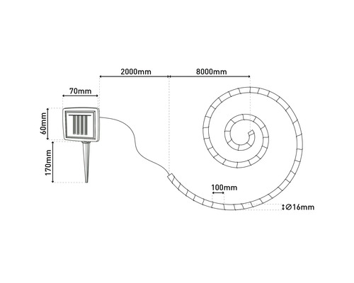Technische Zeichnung einer Solarleuchte mit Erdspieß und Spirale mit Maßangaben.