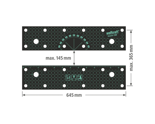 Wolfcraft Master 200 Werkbankplatte mit den Maßen maximal 365 mal 645 Millimeter und maximaler Spannweite von 145 Millimeter