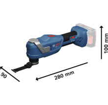 Bosch Akku-Multitool mit Maßen 280 Millimeter Länge, 100 Millimeter Höhe und 90 Millimeter Breite. Bosch Logo.