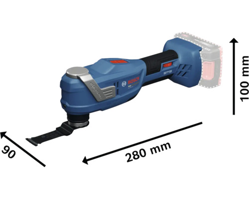 Bosch Akku-Multitool mit Maßen 280 Millimeter Länge, 100 Millimeter Höhe und 90 Millimeter Breite. Bosch Logo.