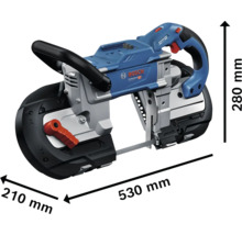 Bosch Professional Metallbandsäge mit Abmessungen 530 Millimeter Länge, 280 Millimeter Höhe und 210 Millimeter Breite. Bosch Logo.