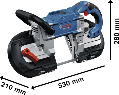Bosch Professional Metallbandsäge mit Abmessungen 530 Millimeter Länge, 280 Millimeter Höhe und 210 Millimeter Breite. Bosch Logo.