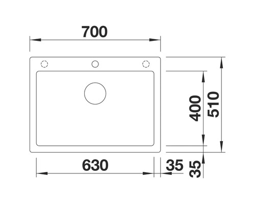 Technische Zeichnung einer Spüle mit Maßangaben