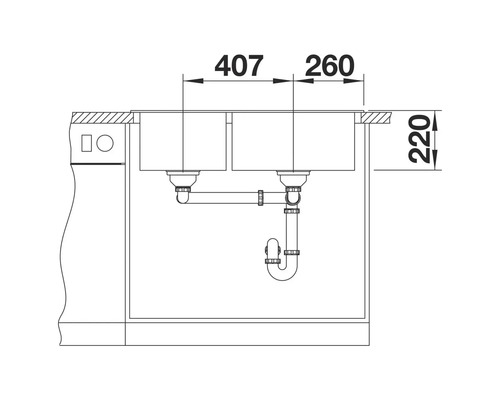Technische Zeichnung einer Spüle mit Maßangaben