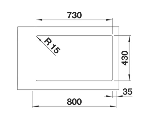 Technische Zeichnung einer Spüle mit Maßangaben.