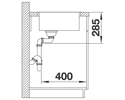 Technische Zeichnung eines Spülbeckens mit Abmessungen 285 und 400.