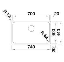 Technische Zeichnung einer Spüle mit Maßangaben