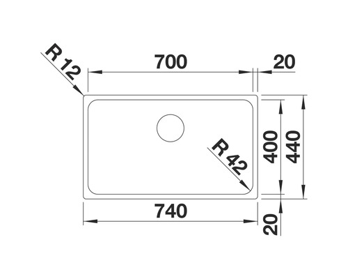 Technische Zeichnung einer Spüle mit Maßangaben