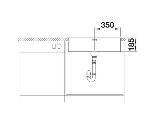 Technische Zeichnung eines Spülbeckens mit den Maßen 350 mal 185 Millimeter