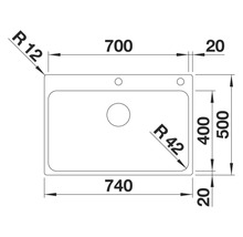 Technische Zeichnung einer Spüle mit Maßangaben