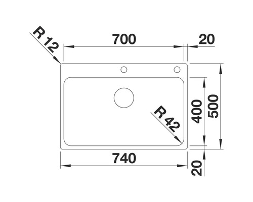 Technische Zeichnung einer Spüle mit Maßangaben