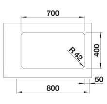 Technische Zeichnung eines rechteckigen Objekts mit den Maßen 700 x 800 x 400 x 50 und einem Radius von 42.