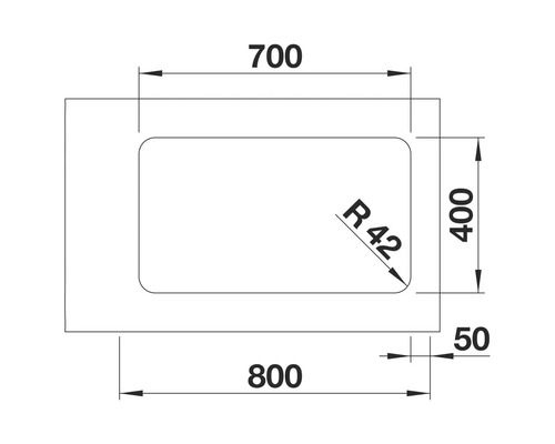 Technische Zeichnung eines rechteckigen Objekts mit den Maßen 700 x 800 x 400 x 50 und einem Radius von 42.