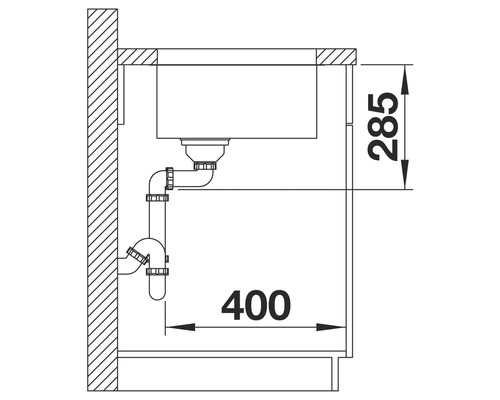 Technische Zeichnung eines Spültischunterschranks mit Maßangaben