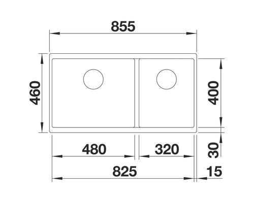 Zeichnung einer Spüle mit Doppelbecken und Maßangaben
