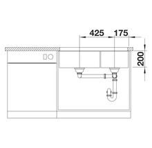 Technische Zeichnung einer Spüle mit Abmessungen