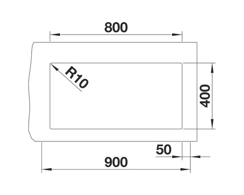 Technische Zeichnung eines rechteckigen Beckens mit den Maßen 800 x 400 mm, einer Gesamtlänge von 900 mm und einem Eckradius von R10.