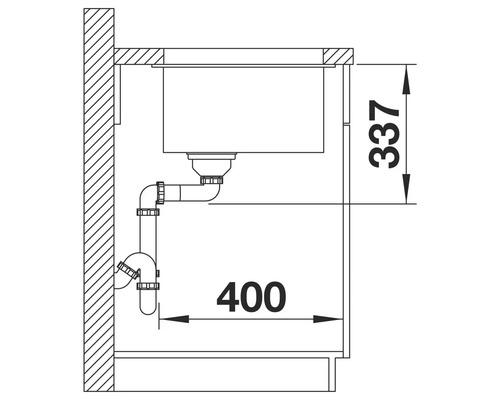 Zeichnung einer Spüle mit Abmessungen 400 und 337