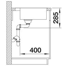 Technische Zeichnung einer Spüle mit Siphon und Maßangaben